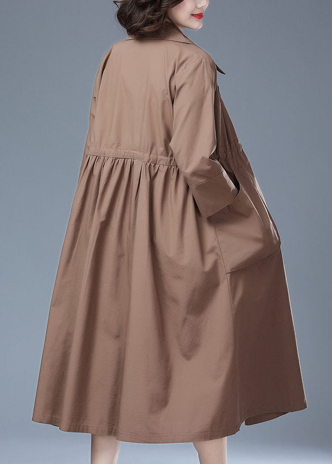 Khaki Pockets Drawstring Patchwork Cotton Long Trench Coat Bracelet Sleeve