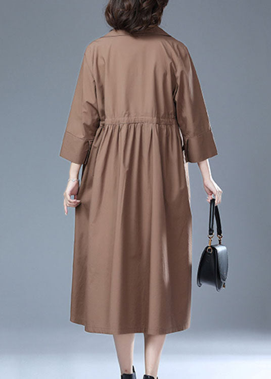 Khaki Pockets Drawstring Patchwork Cotton Long Trench Coat Bracelet Sleeve