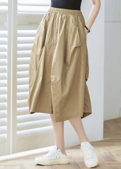 Khaki Pockets Elastic Waist Cotton Skirt Spring