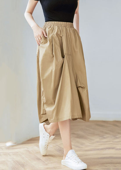 Khaki Pockets Elastic Waist Cotton Skirt Spring
