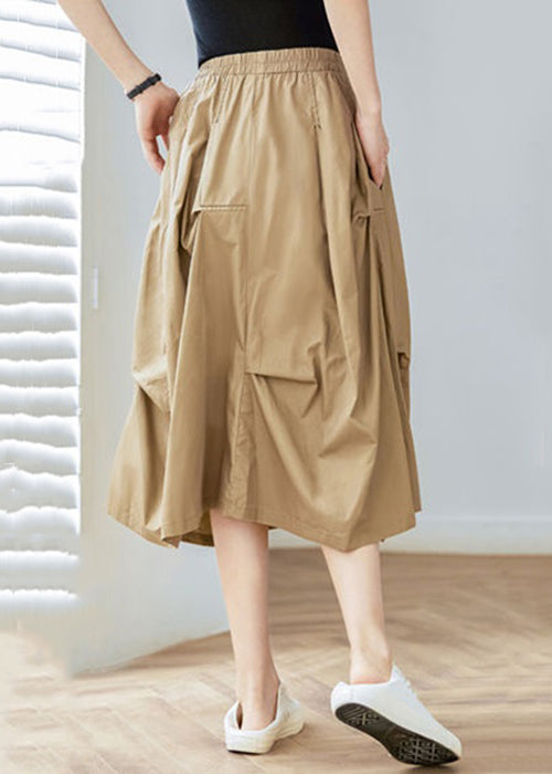 Khaki Pockets Elastic Waist Cotton Skirt Spring