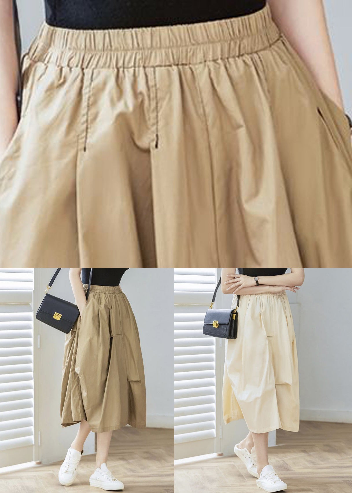 Khaki Pockets Elastic Waist Cotton Skirt Spring