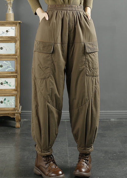 Khaki Pockets Elastic Waist Fine Cotton Filled Pants Winter