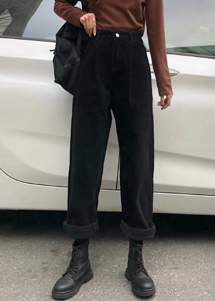 Khaki Pockets High Waist Warm Fleece Pants Fall