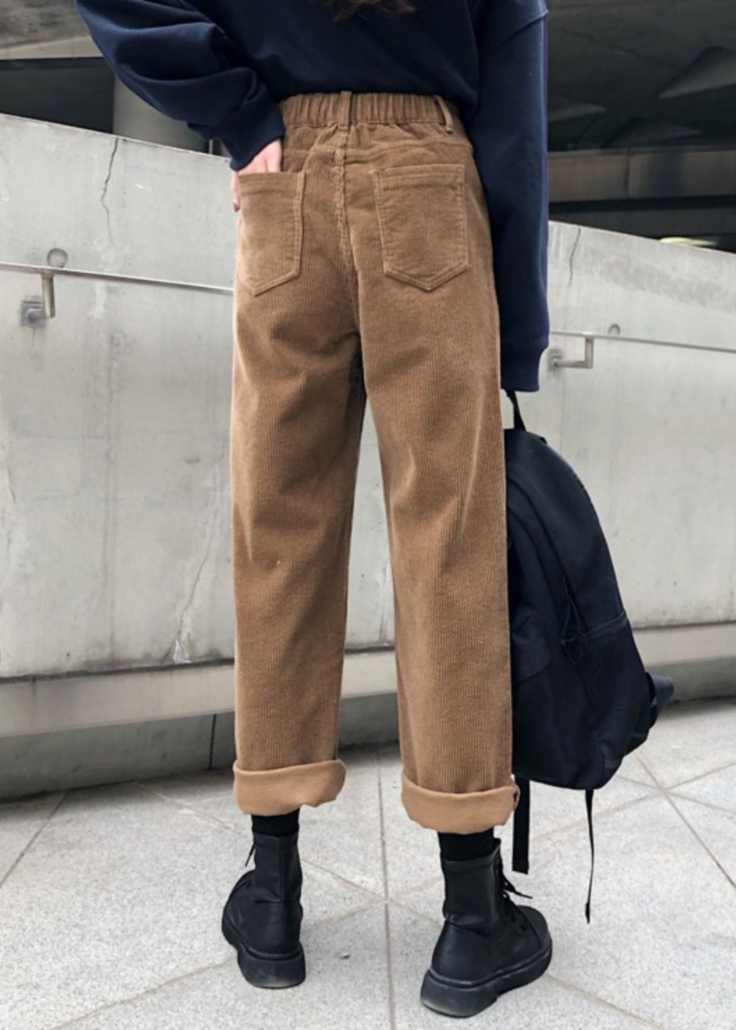 Khaki Pockets High Waist Warm Fleece Pants Fall