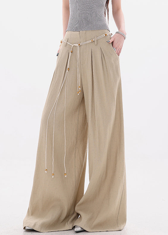 Khaki Pockets Tie Waist High Waist Cotton Wide Leg Pants Fall