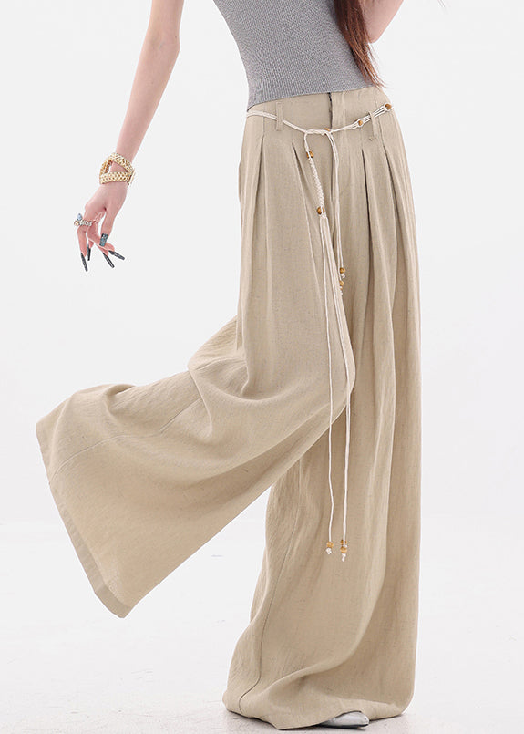 Khaki Pockets Tie Waist High Waist Cotton Wide Leg Pants Fall