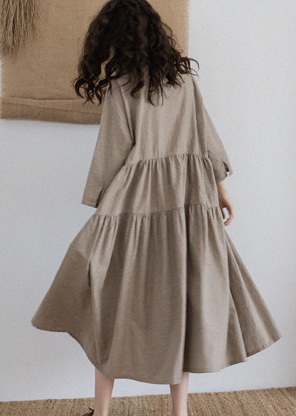 Khaki Pockets Wrinkled Patchwork Linen Dresses Fall