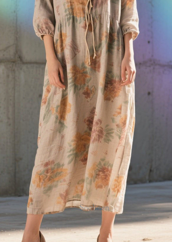 Khaki Print Cotton Party Dress Bracelet Sleeve