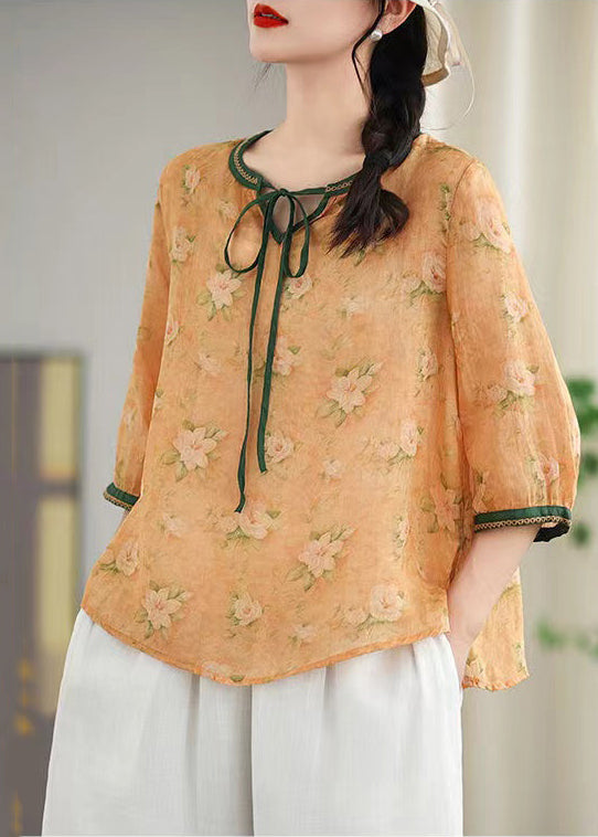 Khaki Print Lace Up Linen Blouses Spring