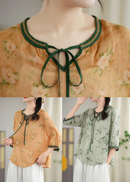 Khaki Print Lace Up Linen Blouses Spring