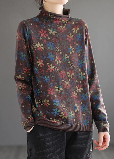 Khaki Print Sweater Tops High Neck Spring Knitwear
