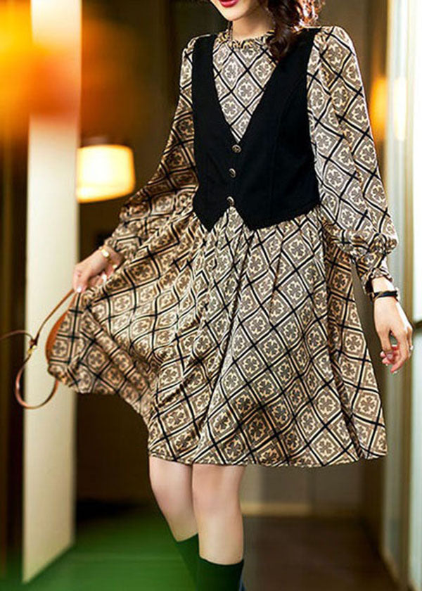 Khaki Ruffled Patchwork False Two Pieces Chiffon Mid Dress Spring