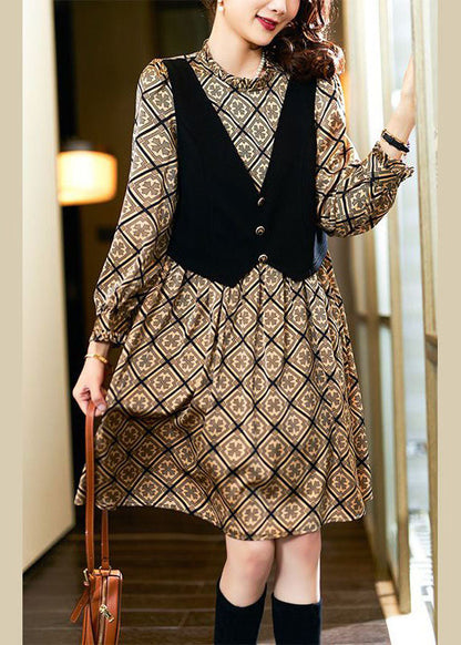 Khaki Ruffled Patchwork False Two Pieces Chiffon Mid Dress Spring