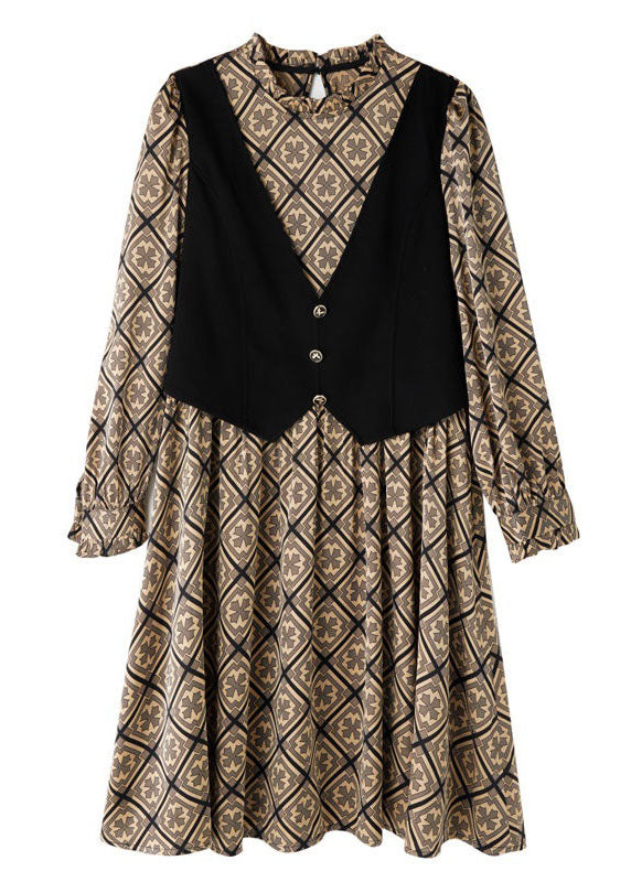 Khaki Ruffled Patchwork False Two Pieces Chiffon Mid Dress Spring