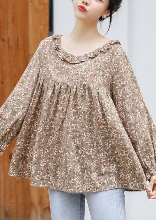 Khaki Ruffled Print Cotton Shirt Tops Long Sleeve