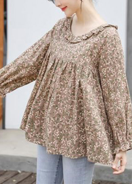 Khaki Ruffled Print Cotton Shirt Tops Long Sleeve