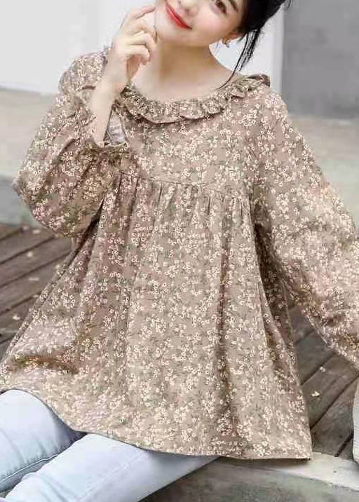 Khaki Ruffled Print Cotton Shirt Tops Long Sleeve