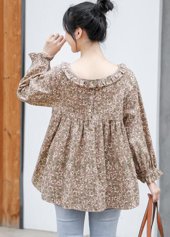 Khaki Ruffled Print Cotton Shirt Tops Long Sleeve