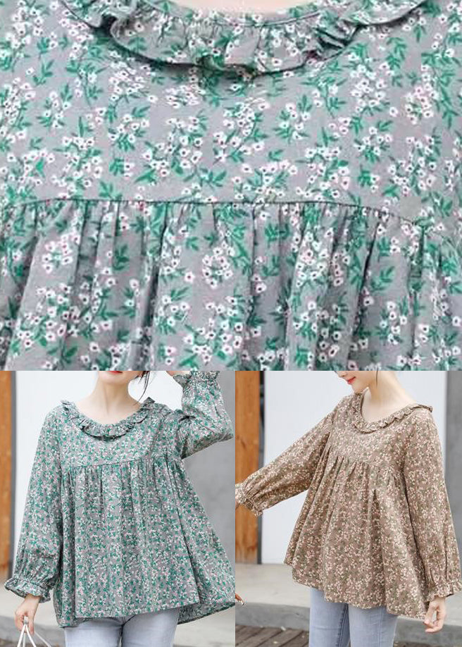 Khaki Ruffled Print Cotton Shirt Tops Long Sleeve