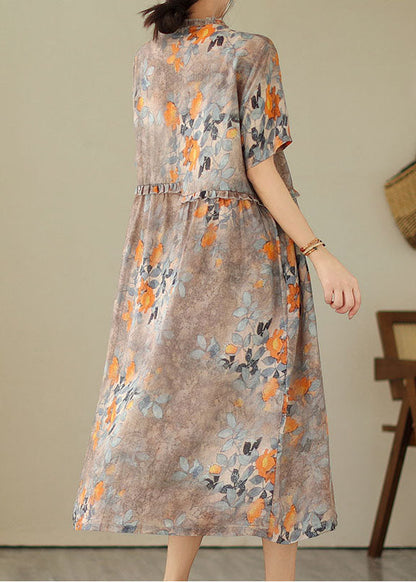 Khaki Ruffled Print Patchwork Cotton Dresses Summer