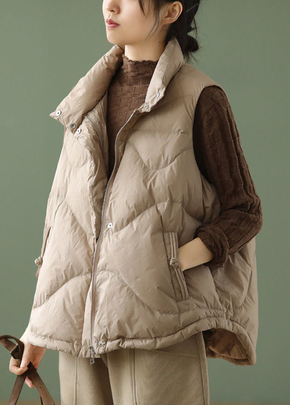 Khaki Stand Collar Oversized Duck Down Puffer Vests Winter