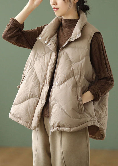 Khaki Stand Collar Oversized Duck Down Puffer Vests Winter