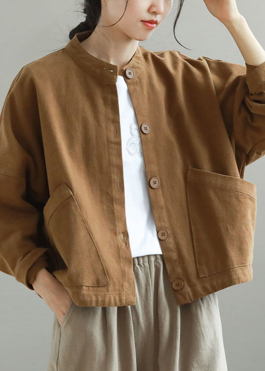 Khaki Stand Collar Pockets Button Fall Trench Long Sleeve