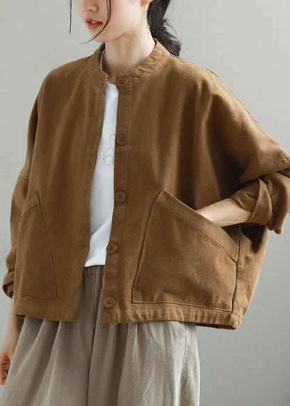 Khaki Stand Collar Pockets Button Fall Trench Long Sleeve