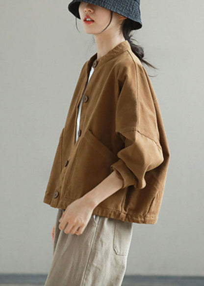 Khaki Stand Collar Pockets Button Fall Trench Long Sleeve