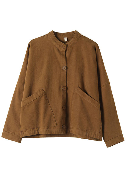 Khaki Stand Collar Pockets Button Fall Trench Long Sleeve