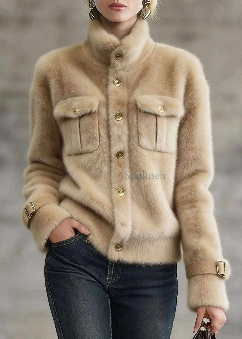 Khaki Stand Collar Pockets Faux Fur Coats Winter