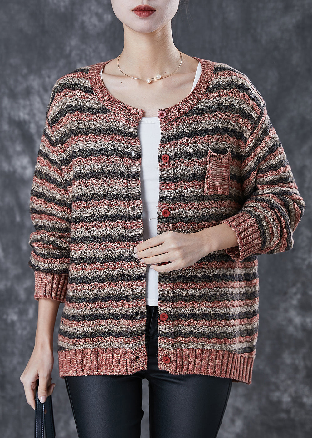 Khaki Striped Thick Knit Cardigans Spring