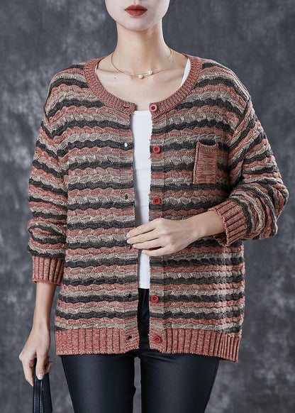 Khaki Striped Thick Knit Cardigans Spring