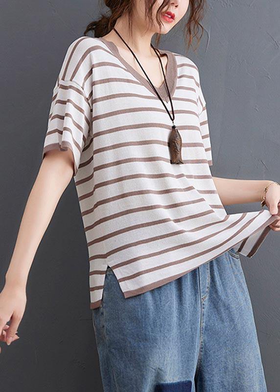 Khaki Striped Side Open Cotton Linen Summer Tops