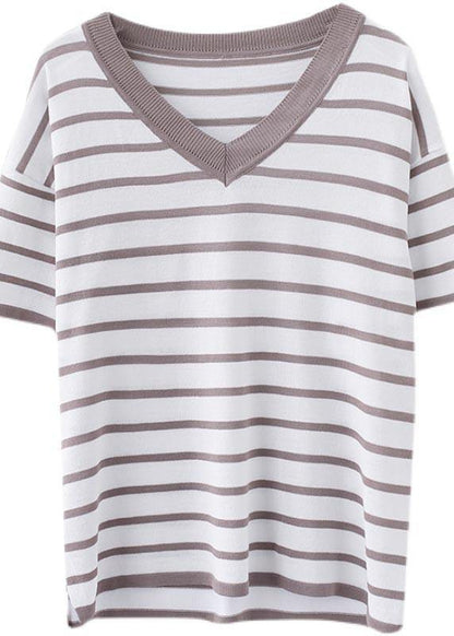 Khaki Striped Side Open Cotton Linen Summer Tops