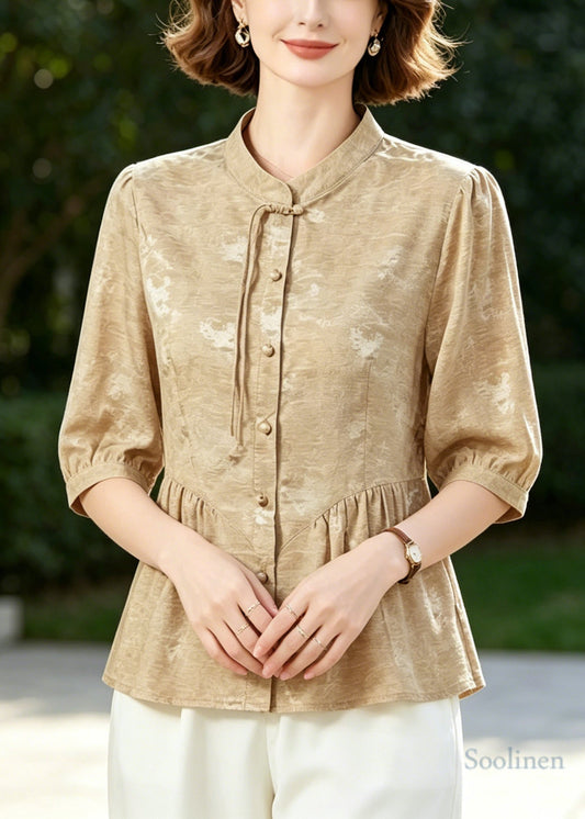 Khaki Tasseled Wrinkled Silk Blouse Tops Half Sleeve