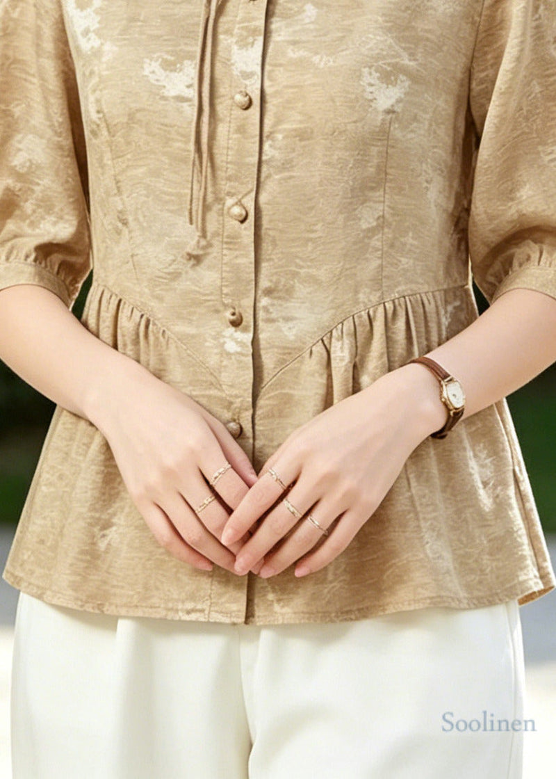 Khaki Tasseled Wrinkled Silk Blouse Tops Half Sleeve