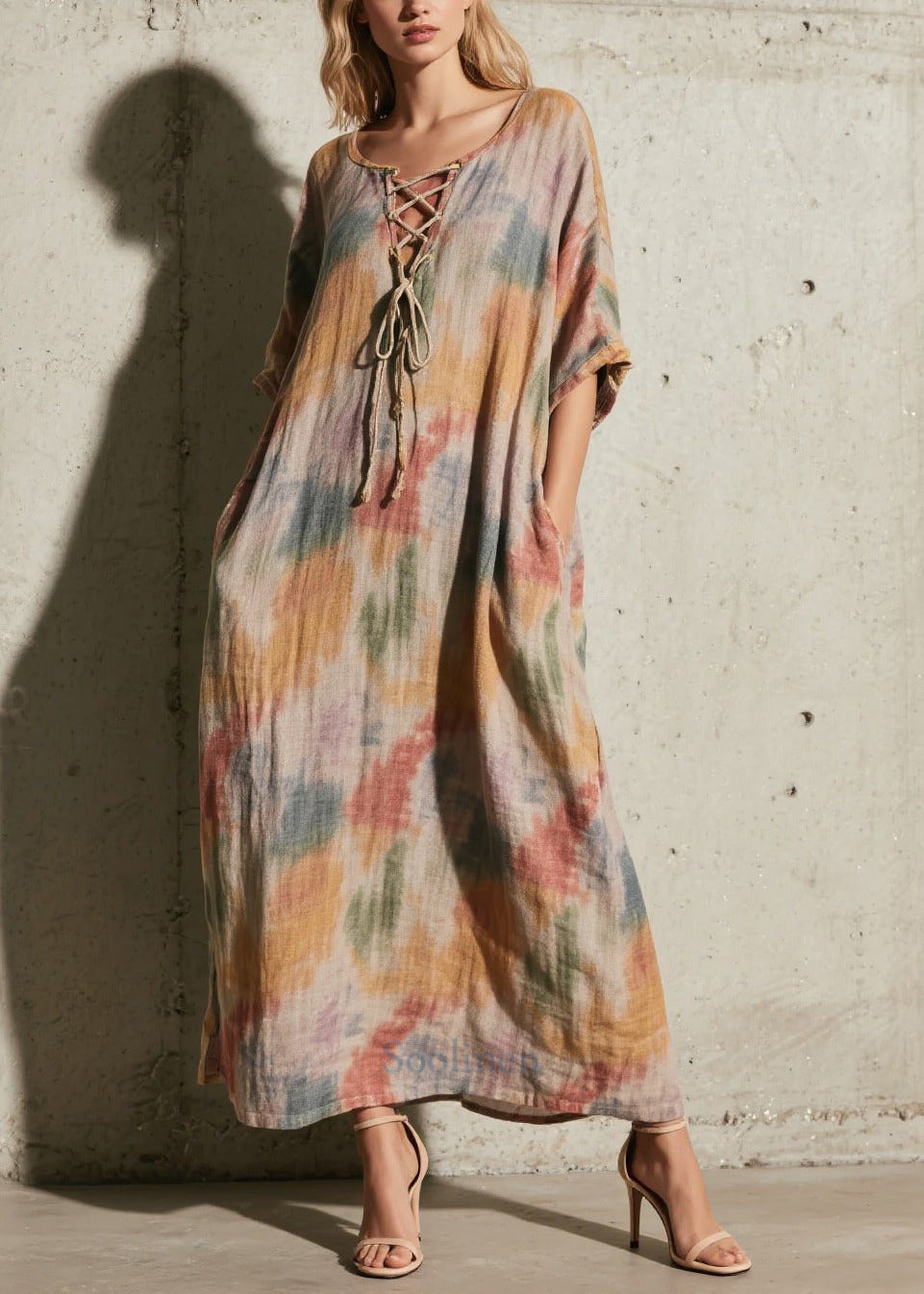 Khaki Tie Dye Cross Strap Cotton Long Dress Fall