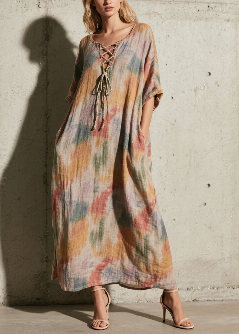 Khaki Tie Dye Cross Strap Cotton Long Dress Fall