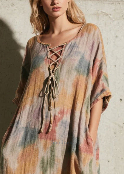 Khaki Tie Dye Cross Strap Cotton Long Dress Fall