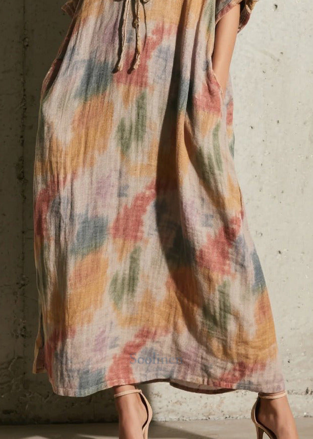 Khaki Tie Dye Cross Strap Cotton Long Dress Fall