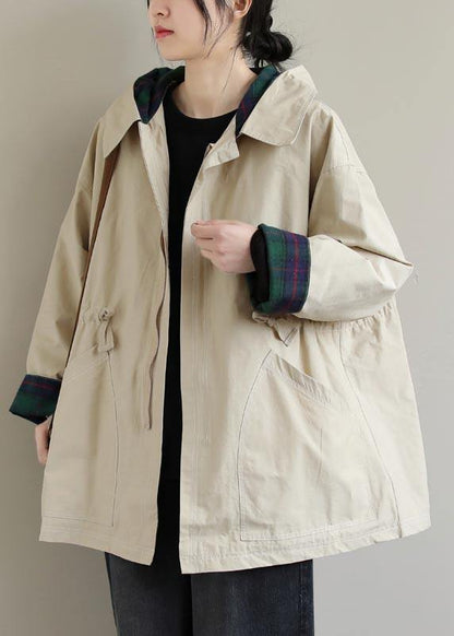Khaki Long Coats Hoodie Zip Up Spring Coat
