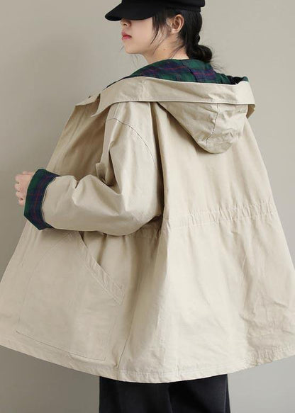 Khaki Long Coats Hoodie Zip Up Spring Coat