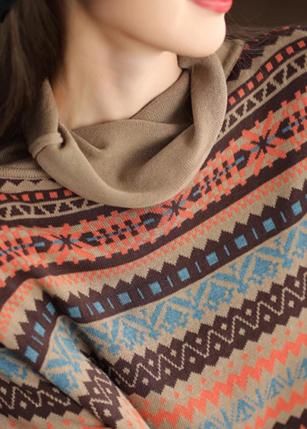 Khaki Turtle Neck Print Knit Sweaters Winter