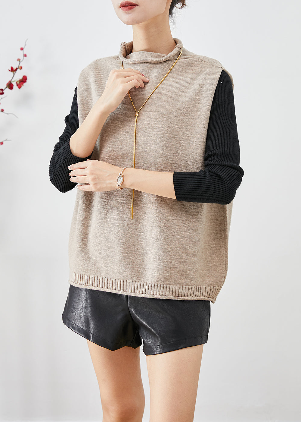 Khaki Turtle Neck Thick Wool Knit Vests Winter