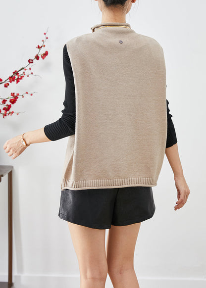 Khaki Turtle Neck Thick Wool Knit Vests Winter