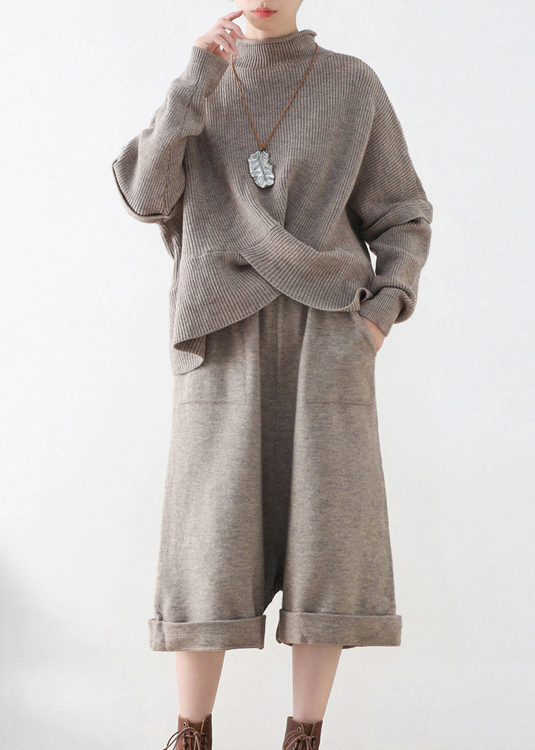 Khaki Turtleneck Knit Sweaters and Crop Pants Two Pieces Set Fall