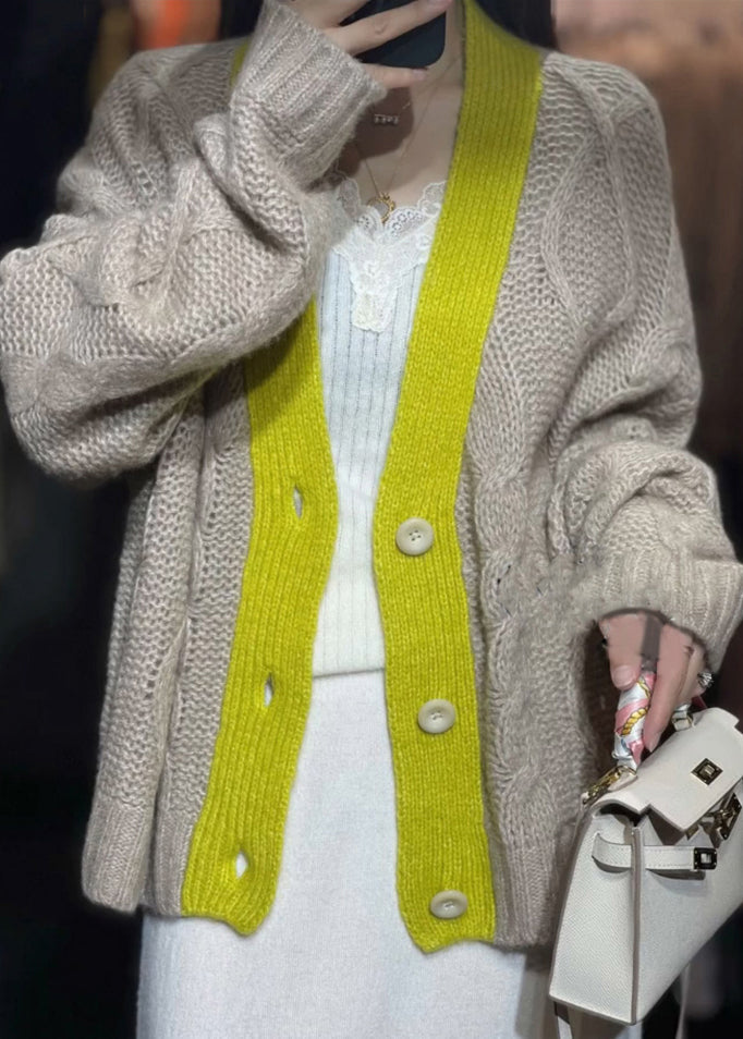 Khaki V Neck Button Patchwork Knit Cardigans Fall