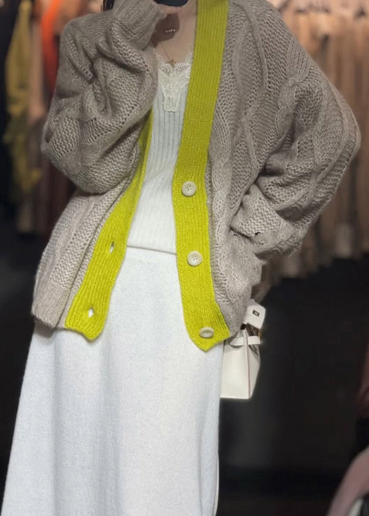 Khaki V Neck Button Patchwork Knit Cardigans Fall